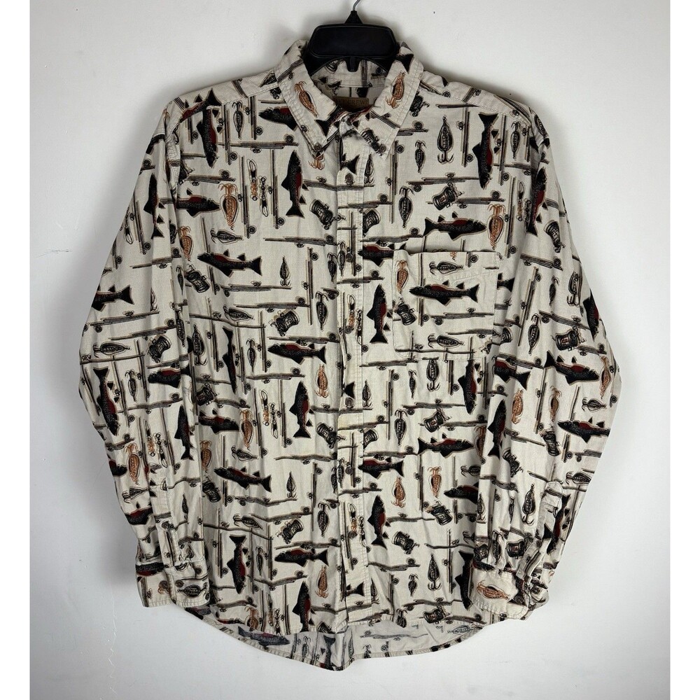 Vintage 90s Y2k Ivy Crew Corduroy Fishing Graphic Button Up Shirt / Large